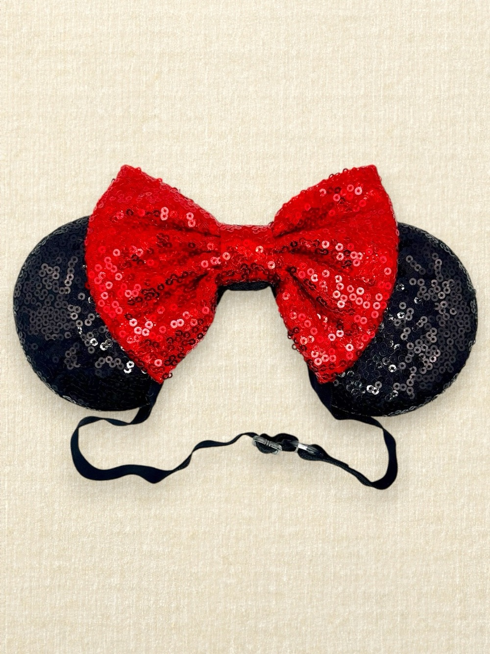 Elastic Black Sequin Minnie Ears — Red Bow | Disney-Inspired Mouse Ears